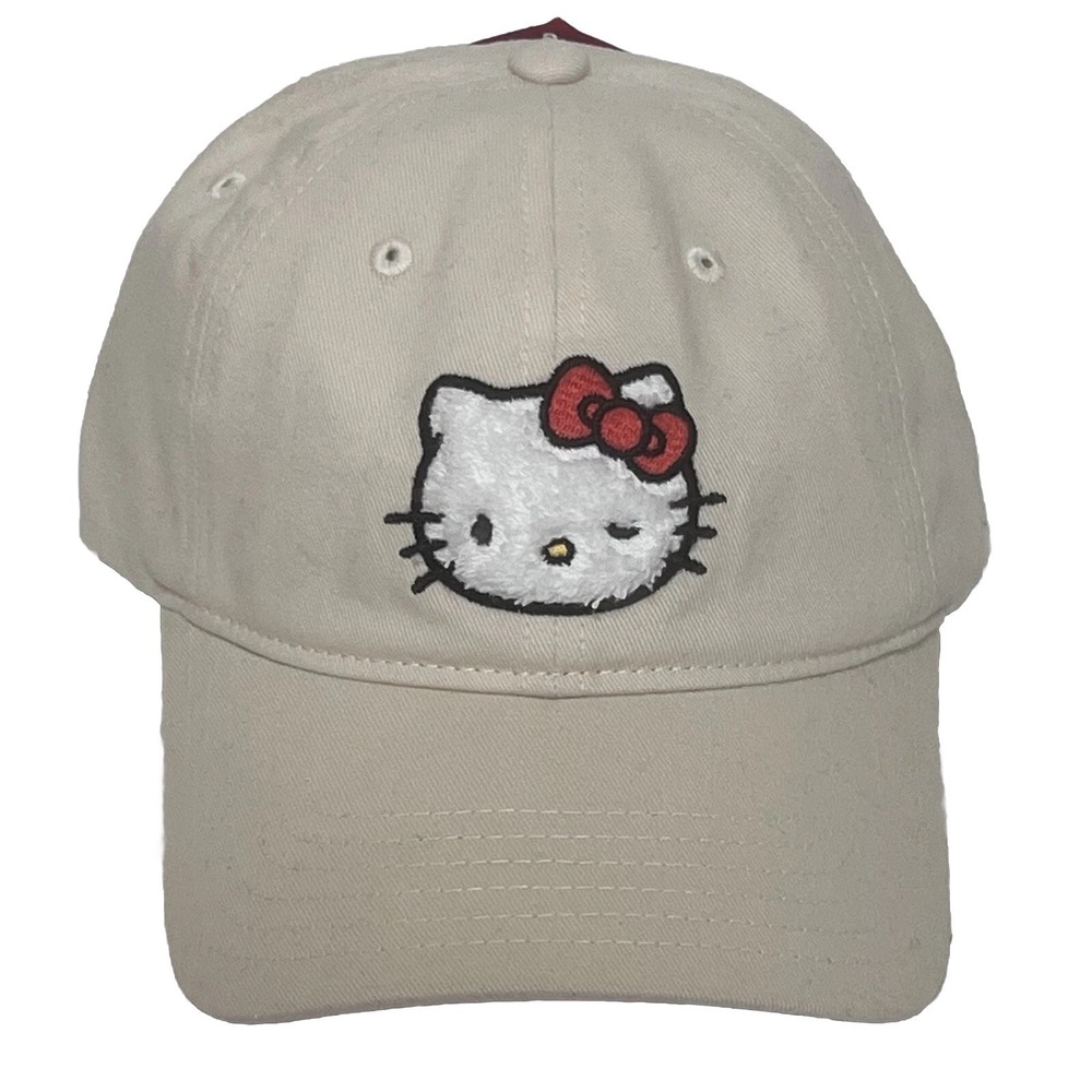 Hello Kitty Women Cap Adjustable Fuzzt Face Wink Embroidered Hat Off White OS